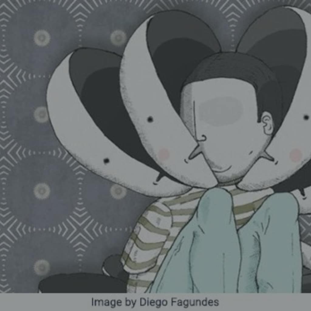 Desenho demonstrando varias mascaras sendo abertas até aparecer uma real